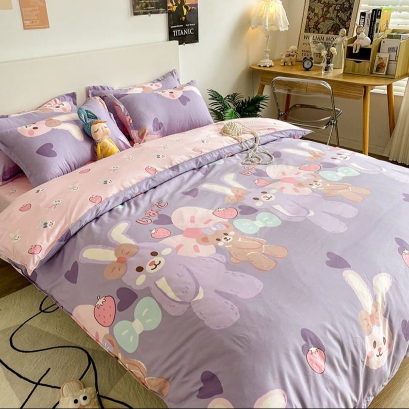 紫色QQ兔單人 水洗棉布床包被套組合