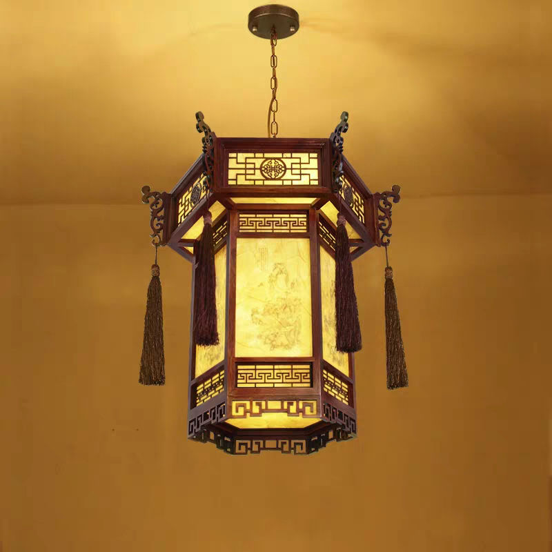 吊燈 中式仿古實木羊皮宮廷吊燈 復古建築酒店寺廟長廊亭子六角燈 籠宮燈