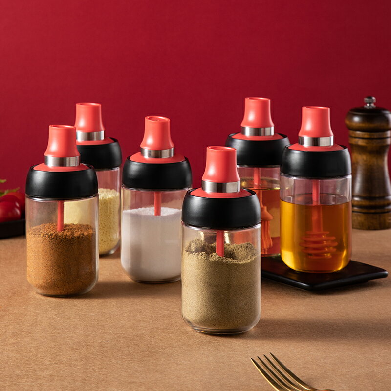 廚房調味罐玻璃調料盒勺蓋一體收納罐子家用放鹽糖瓶油壺組合套裝