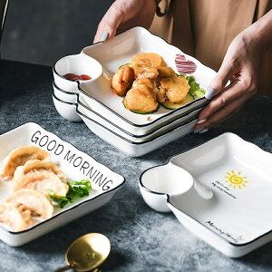 餃子盤帶醋碟家用好看的盤子創意網紅小吃餐盤分格餐盤家用菜盤子