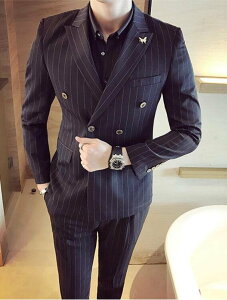 FINDSENSE品牌 韓國男 經典條紋雙排扣 小西裝 修身西裝 西裝外套 單件外套