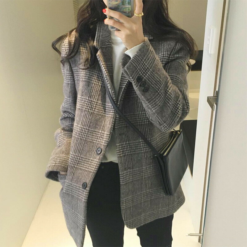 毛呢西裝外套女 加棉秋冬寬鬆小西服 格紋呢子上衣中長款 秋冬大衣女 女毛呢大衣 中長款大衣 女大衣外套 混羊毛紮實毛呢