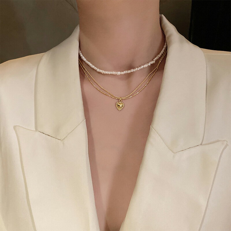 雙層疊戴珍珠項鏈女夏巴洛克小米珠愛心氣質鎖骨鏈輕奢小眾脖頸鏈