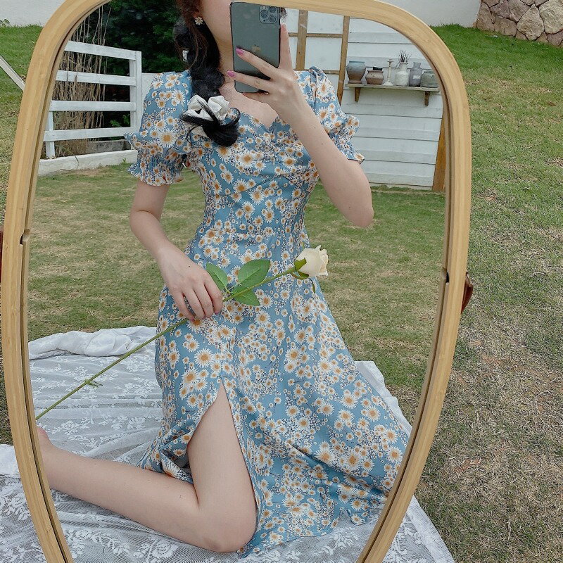 新款夏季油畫氣質胖mm大碼女裝歐美低胸小雛菊泡泡袖連衣裙女