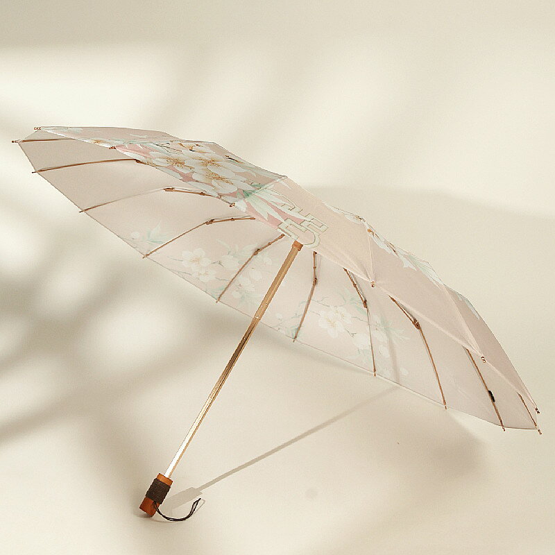復古風傘三折16骨木柄中國風粉色木棉折疊傘抗風防水雨傘國潮