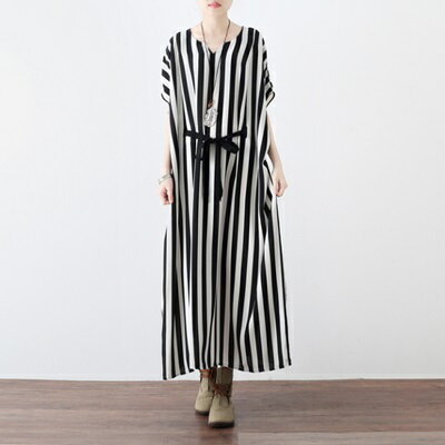 現貨+預購 連身長裙寬版連衣裙-時尚黑白條紋雪紡女上衣73sm28【獨家進口】【米蘭精品】