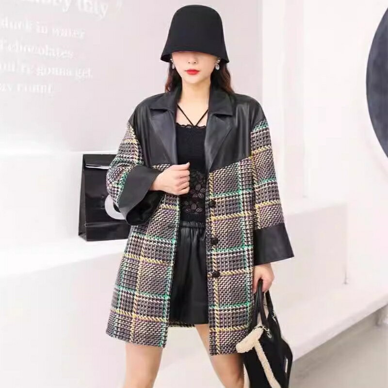 【巴黎精品】皮衣外套真皮夾克-羊皮拼接粗紡寬鬆女外套黑色a1iw34