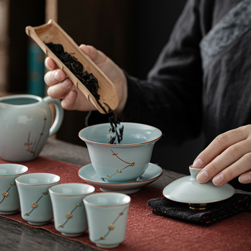 手工鋦釘汝窯蓋碗功夫茶具套裝家用中式瓷器高檔輕奢陶瓷茶杯茶壺