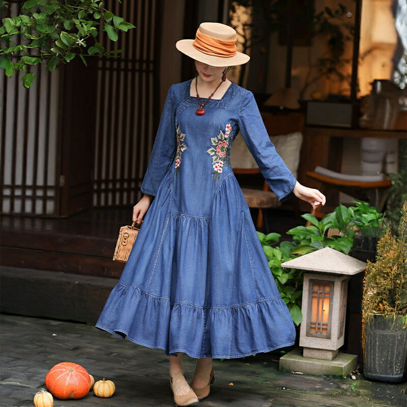 現貨+預購 新中式連身裙長袖洋裝牛仔長裙大尺碼A字裙休閒大碼女裝(復古刺繡顯瘦女裙子74ku68)【獨家進口】【米蘭精品】