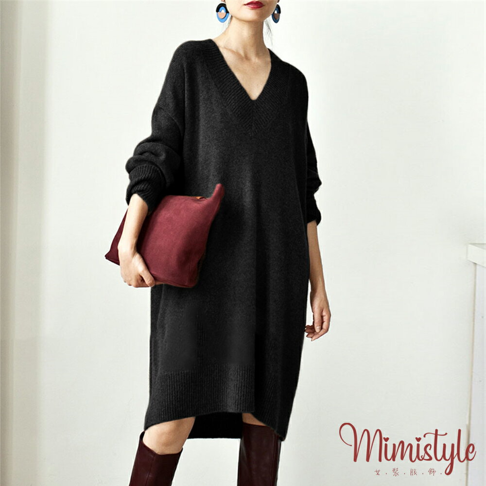 【Mimistyle】連身洋裝 休閒洋裝 韓版V領針織洋裝 寬鬆毛衣 (台灣現貨)