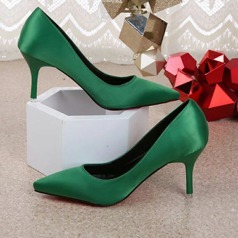 性感紅色高跟鞋 新娘鞋 婚鞋 真絲綢緞面單鞋尖頭女鞋細跟女鞋綠