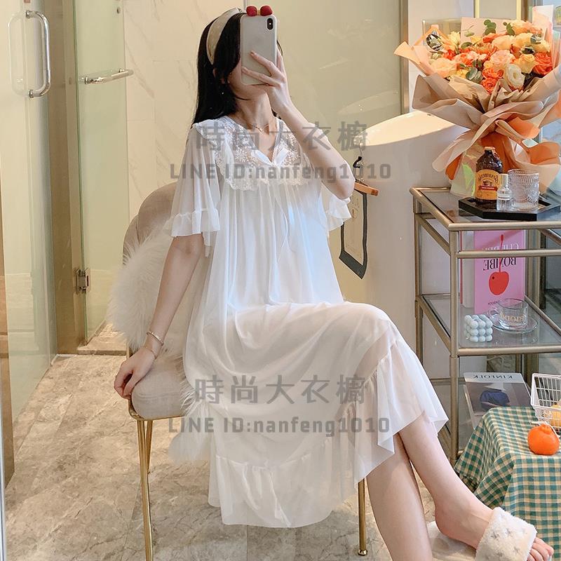 宮廷風公主睡裙夏季薄款甜美可愛連身睡衣性感網紗冰絲家居服夏【時尚大衣櫥】
