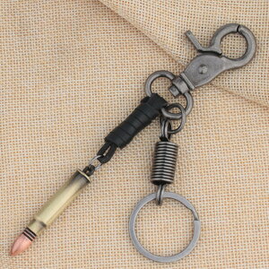 軍事迷子彈合金鑰匙扣手工皮藝創意掛件復古真皮朋克汽車腰掛飾品