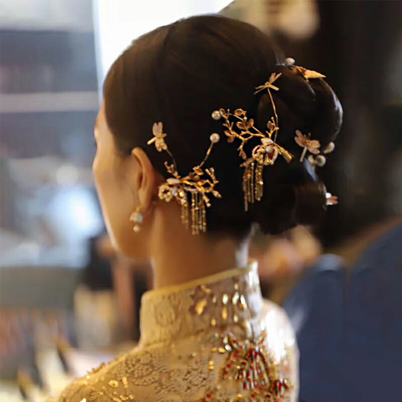 中式手工金色串珠古典新娘發飾結婚秀禾古裝頭飾婚禮配飾品淑雅