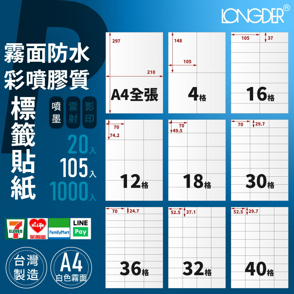有發票【A4 霧面防水彩噴膠質 105入】P型 龍德標籤貼紙 適用噴墨 標籤紙 電腦標籤 寄件貼紙 臺灣製 防水標籤