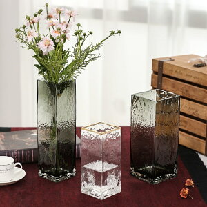 花瓶玻璃透明擺件客廳插花水養輕奢正方形描金邊花器創意北歐