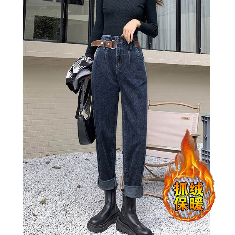 哈倫老爹褲秋季新款歐貨腰帶設計感時尚百搭高腰顯瘦直筒牛仔褲女