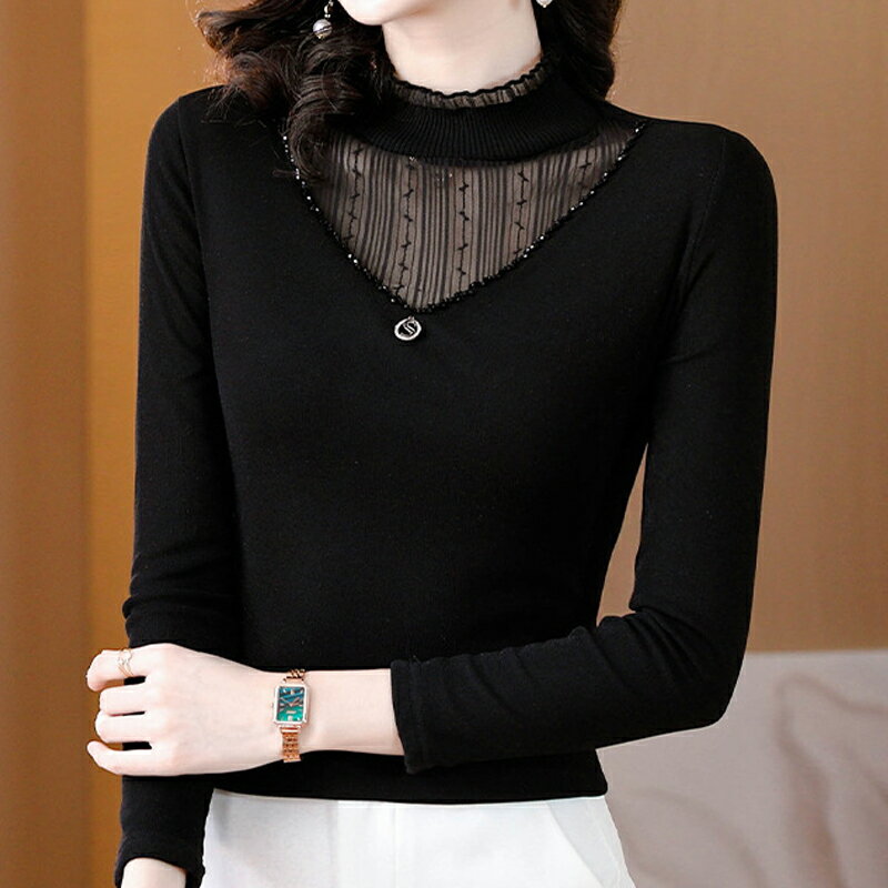 【巴黎精品】現貨+預購高級蕾絲上衣長袖雪紡衫網紗拼接氣質打底衫內搭休閒女裝-花邊立領燙鑽女上衣a1kw42