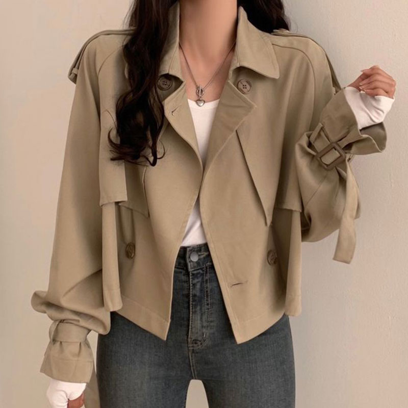 韓國chic秋季復古氣質西裝領雙排扣寬松別致袖口設計短款風衣外套