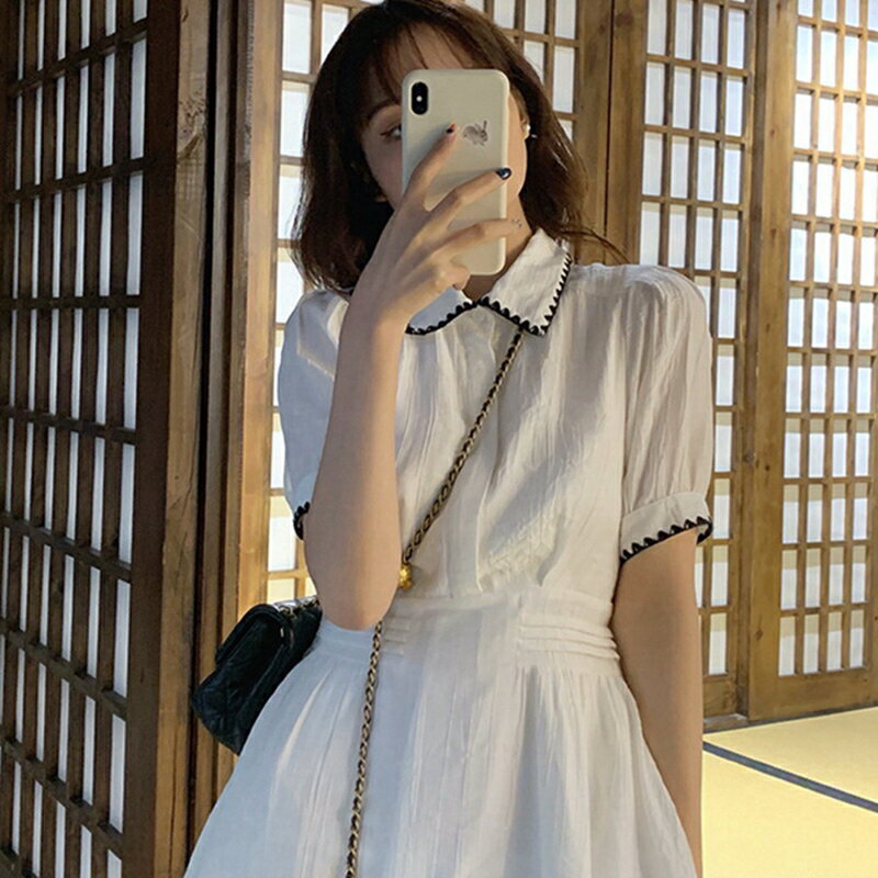 收腰翻領刺繡小眾氣質白色長款連衣裙2022新款穿搭夏季韓版襯衫裙