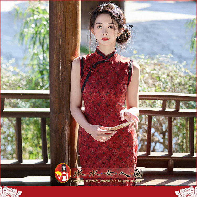春夏新款印花旗袍無袖長款改良修身顯瘦少女雙層優雅氣質日常可穿連身裙開衩洋裝-巧玉(紅色)-水水女人國