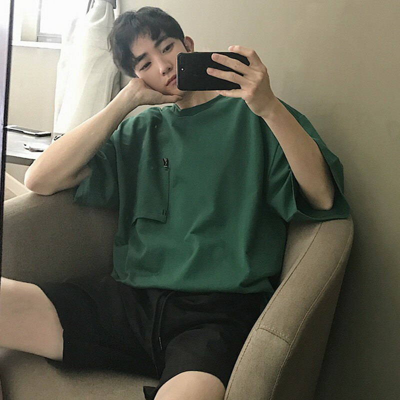 高階感男裝墨綠色短袖男港風chic夏季重磅t恤ins潮牌vintage半袖