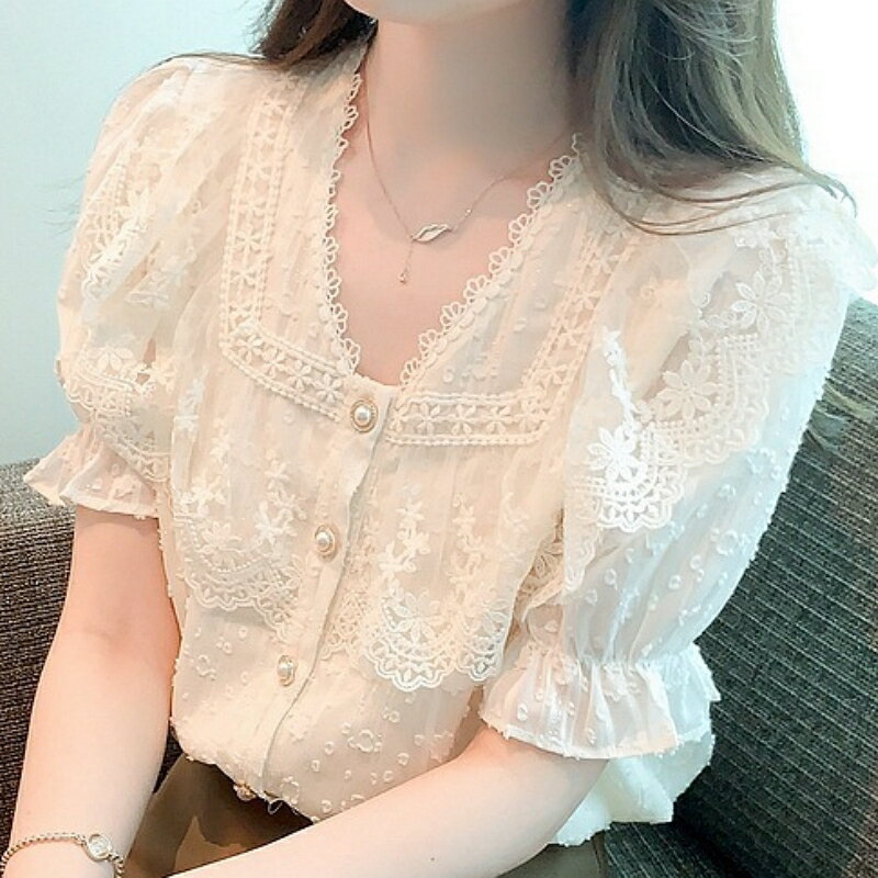 【巴黎精品】現貨+預購 女雪紡上衣短袖襯衫法式名媛氣質OL西裝蕾絲休閒女裝-荷葉邊短袖蕾絲a1kc55