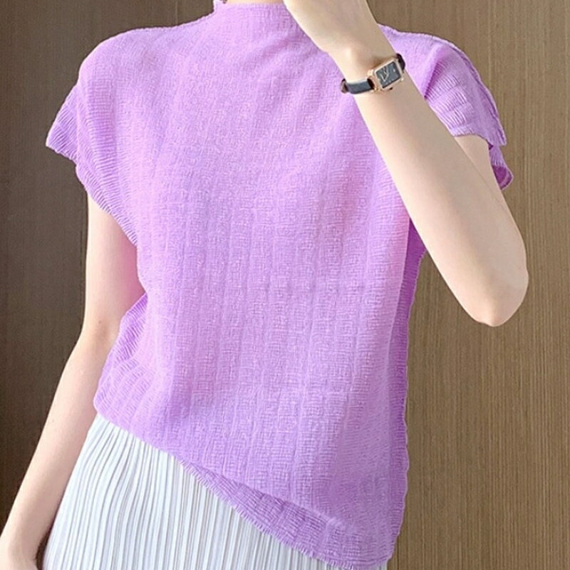 【巴黎精品】現貨+預購 三宅風皺褶衣服褶皺上衣-短袖摺衣壓褶百搭素色洋氣短T折衣女T恤8色a1jq89