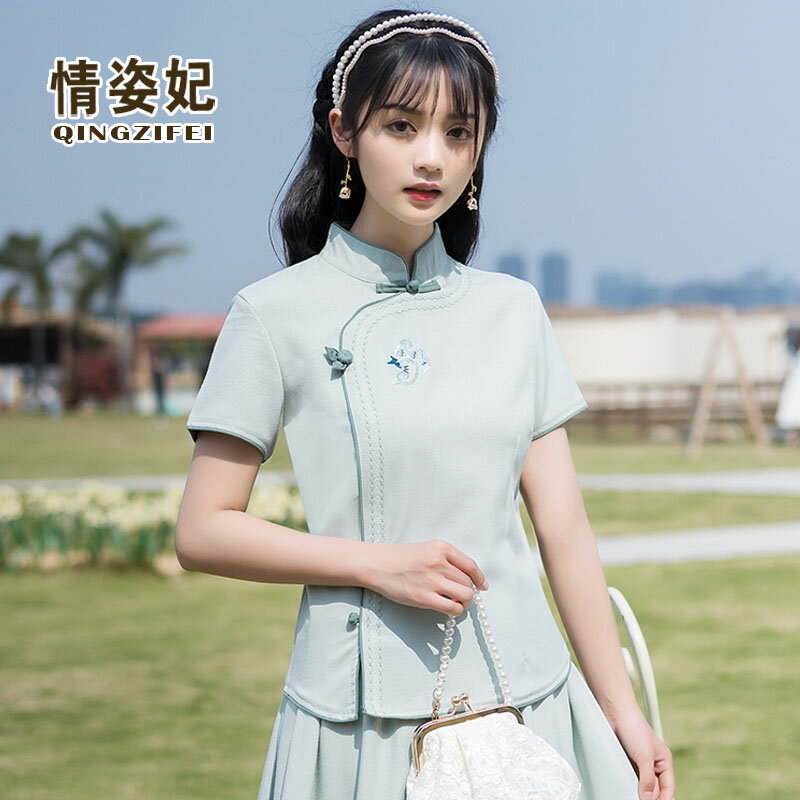 民國風短袖大碼仙氣禪意茶服夏季漢服女中國風改良旗袍上衣兩件套