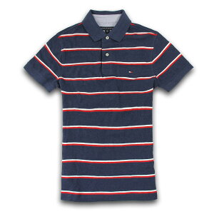 美國百分百【Tommy Hilfiger】Polo衫 TH 短袖 上衣 條紋 網眼 白 紅 復古 藏藍 XS號 F270