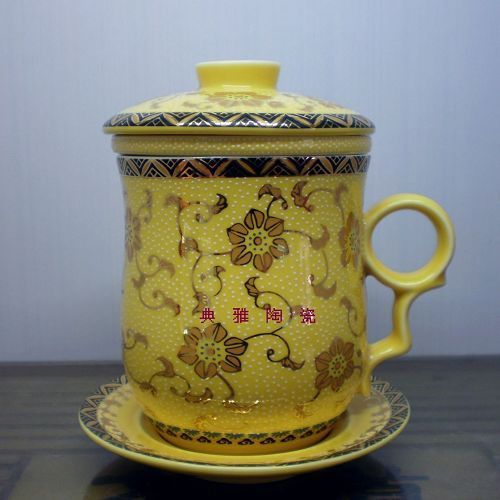景德鎮陶瓷茶具 富貴牡丹過濾三件套茶杯（黃底）水杯 禮品辦公杯1入