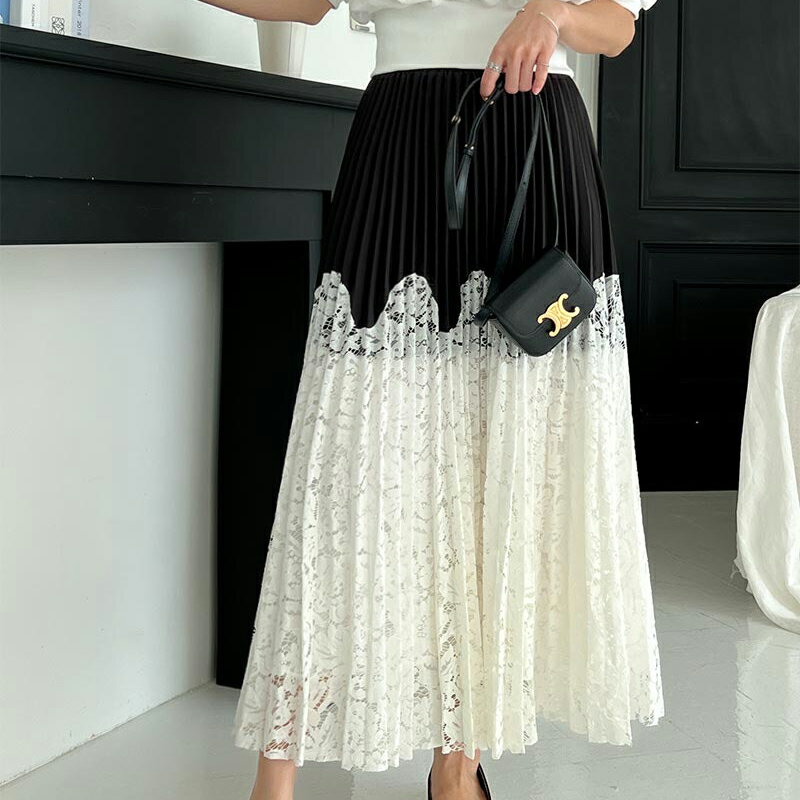 ANNAS 正韓拼接蕾絲百褶裙 百折裙 黑白撞色長裙 韓國裙子 精緻重工設計感 婚禮穿搭 1