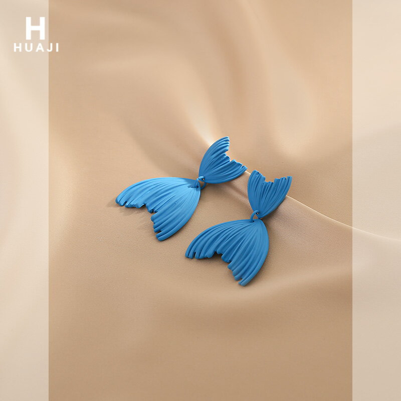 花跡魚尾造型耳環女歐美風夸張個性噴漆藍色耳墜特別設計感耳飾