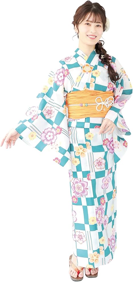ON Nishiki【日本代購】吸水速乾浴衣2件套浴衣+腰帶女士成人用量身裁剪結帶兵兒帶煙火大會復古現代日式花紋-清凉格子