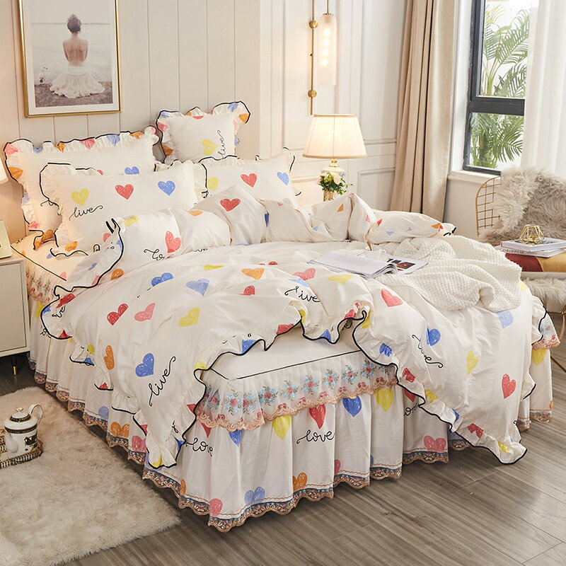 韓式全棉四件套床裙床罩1.8m公主風被套田園蕾絲邊床單床上用品