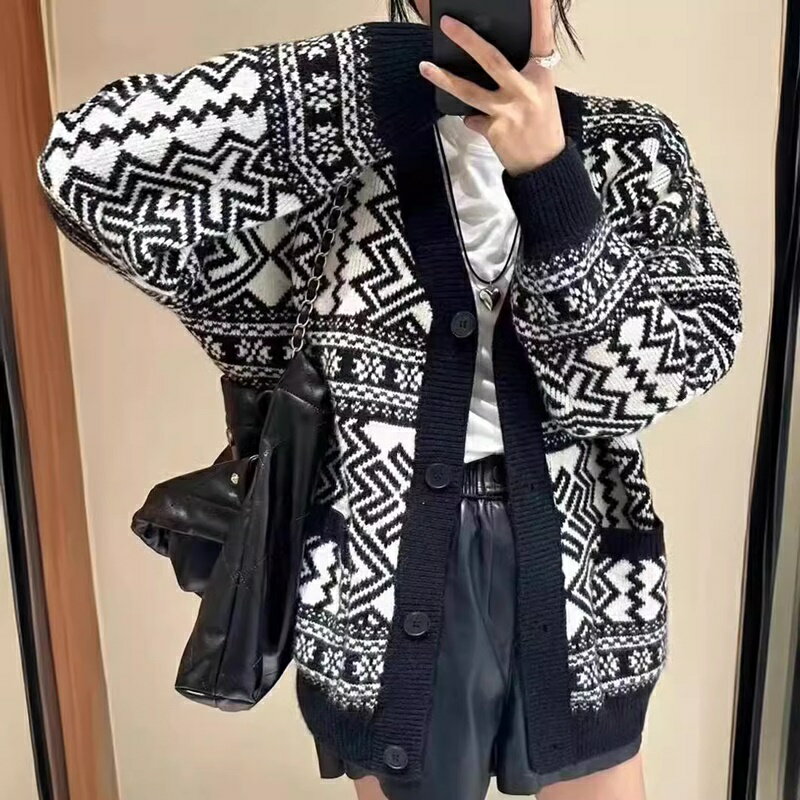 【巴黎精品】針織外套長袖毛衣-減齡復古撞色提花女外套m1ab5