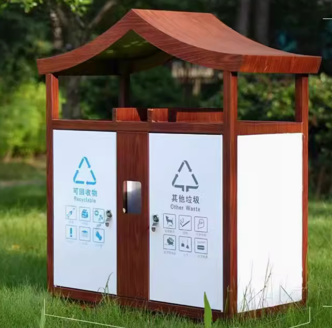 戶外新中式 分類垃圾桶 仿古鎮公園景區室外 果皮箱庭院不銹鋼仿木紋