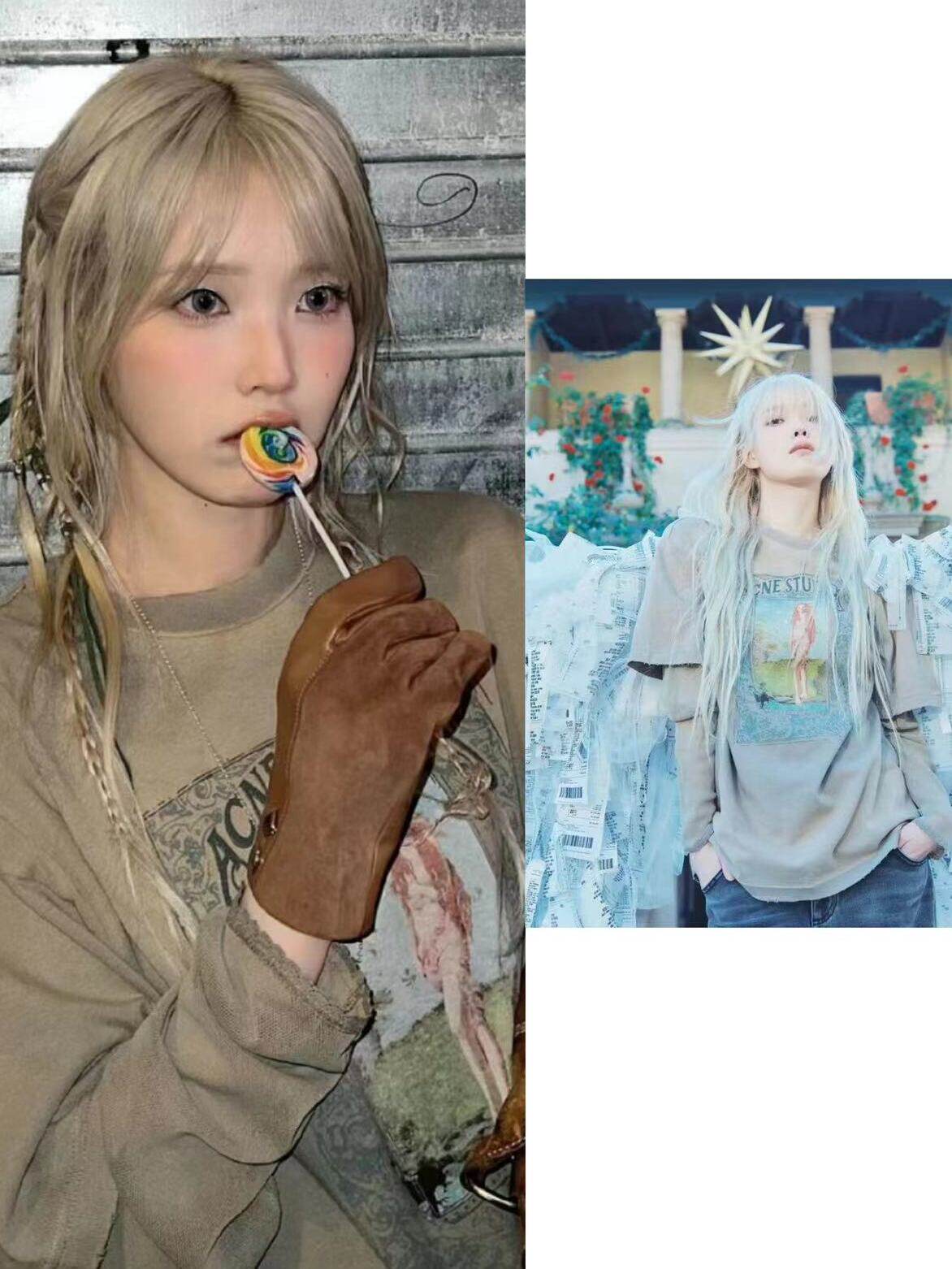 【喜挖】IU李知恩同款春秋美式復古印花寬鬆休閒假兩件潮百搭咖色長袖上衣