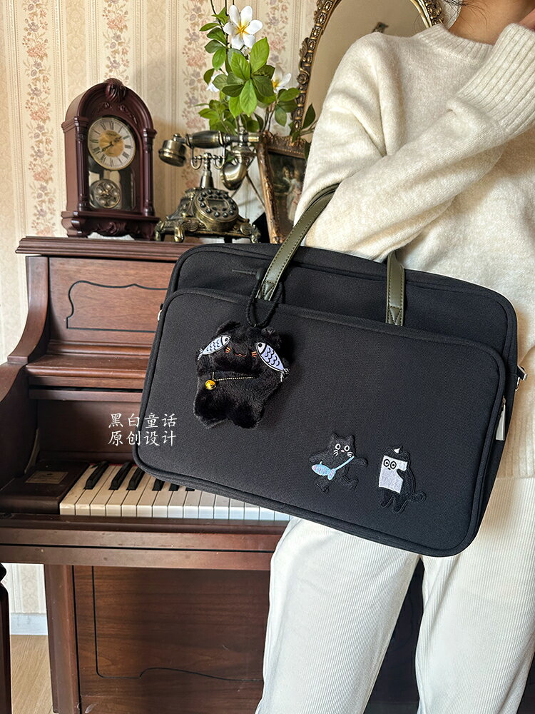小眾高顏值搞怪貓咪托特膝上型電腦包手提16寸大容量設計卡通貼布通勤收納包適用聯想拯救者y9000p遊戲本