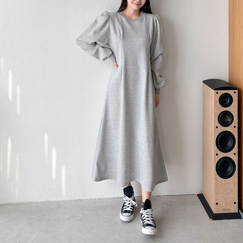 ANNAS 正韓顯瘦線刷毛洋裝 腰身 縮腰 打折 長袖 長裙 長洋裝 連身裙 顯瘦 加厚棉 素面 保暖 加絨刷絨 韓國 1