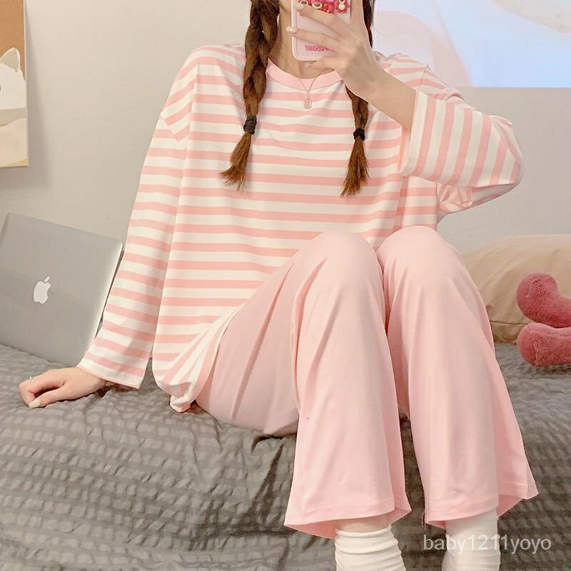 免運舒適 100%純棉睡衣女春秋季全棉長袖宿舍可外穿冬天家居服套裝長袖睡衣睡衣女居家睡衣可愛睡衣秋冬睡衣套裝居家服