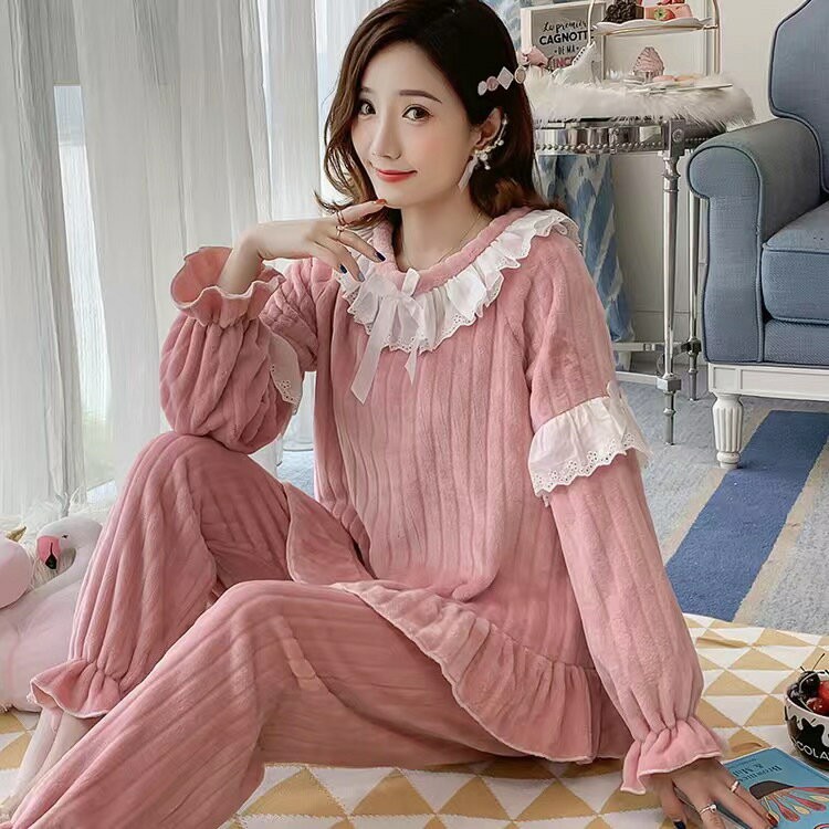 睡衣女秋冬珊瑚絨法蘭絨加厚韓版甜美可愛仙女宮廷風家居服兩件套
