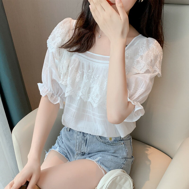 宮廷風荷葉邊襯衫女夏裝年新款小清新方領純色雪紡衫格紋上衣