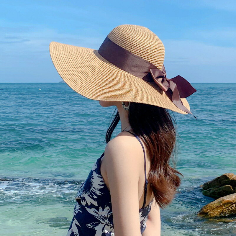 蝴蝶結草編遮陽帽子女夏海邊度假防曬沙灘帽大檐可折疊太陽帽百搭