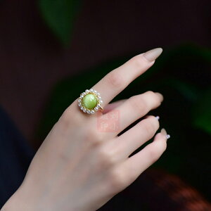 天然綠貓眼石戒指 14K包金手工繞絲貝珠太陽花戒指女 生日禮物