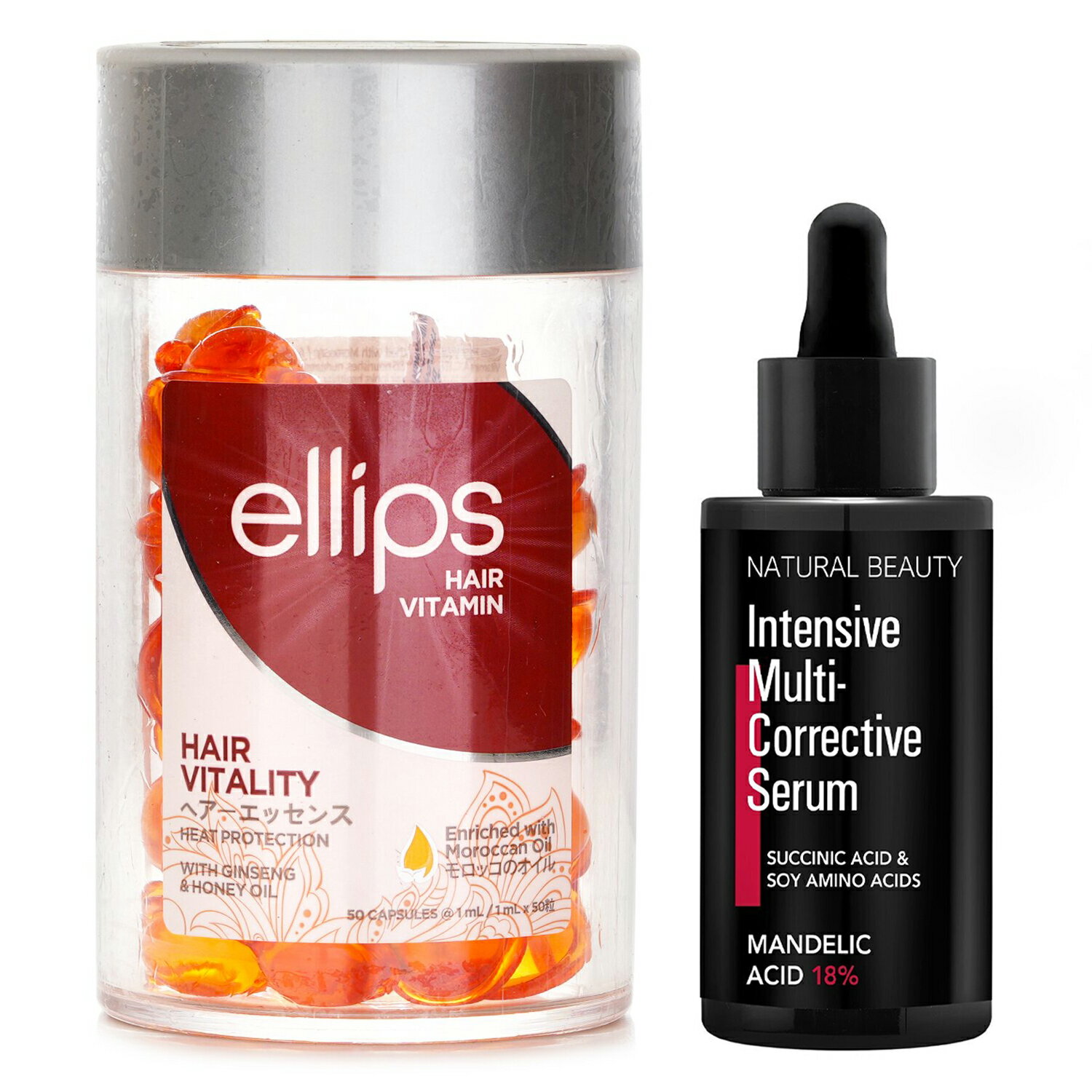 Ellips - Ellips 維他命護髮膠囊(修護斷裂毛躁) 50capsules x1ml X Natural Beauty 18%煥新淨膚酸精華 (有效日期: 12/2025) 35ml