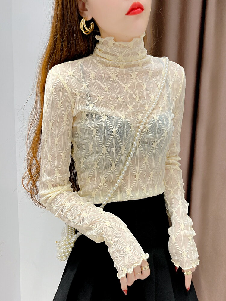 高領蕾絲打底衫女2022春秋洋氣木耳邊紗衣內搭加絨性感網紗上衣【淘夢屋】