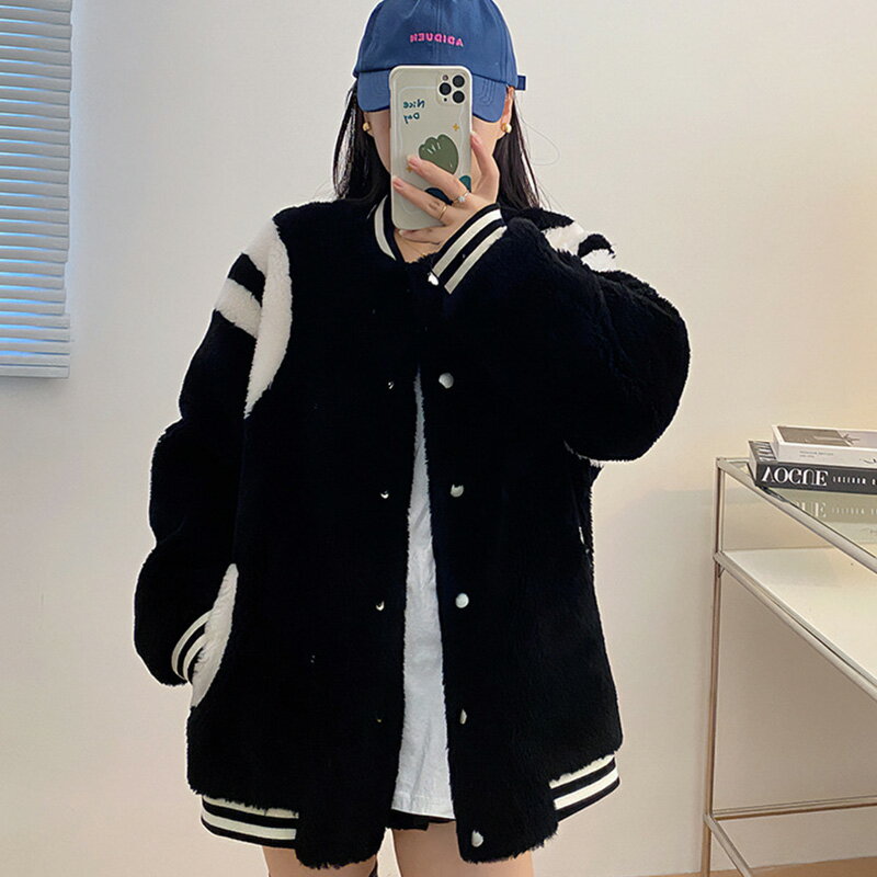 羊毛大衣皮草外套-棒球服情侶款韓版女外套2色v1ap9【巴黎精品】