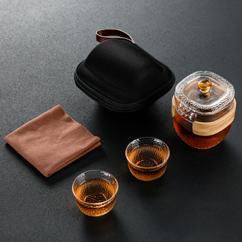 晟窯玻璃快客杯一壺二杯旅行茶具套裝便攜包簡易旅游2人泡茶用