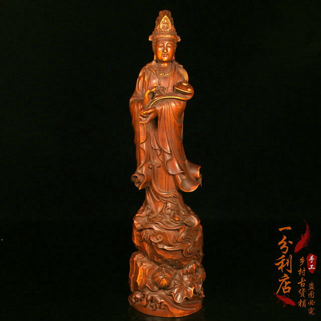 古玩老黃楊木雕觀音笑佛擺件精雕實木老料居家車載創意文玩手把件